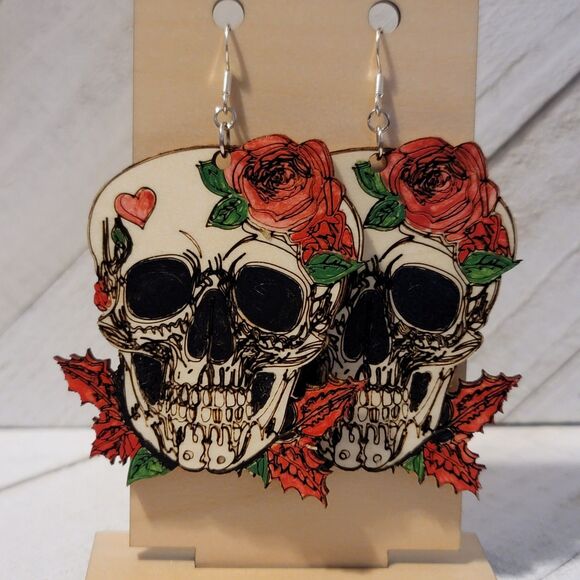 Large Skull With a Rose and Heart Earrings - Picture 3 of 6